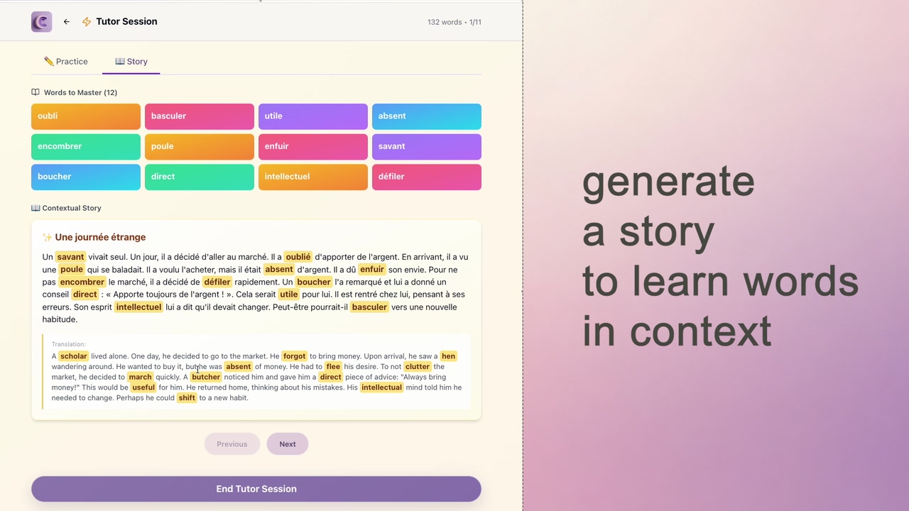Story immersion — learn words in context through stories